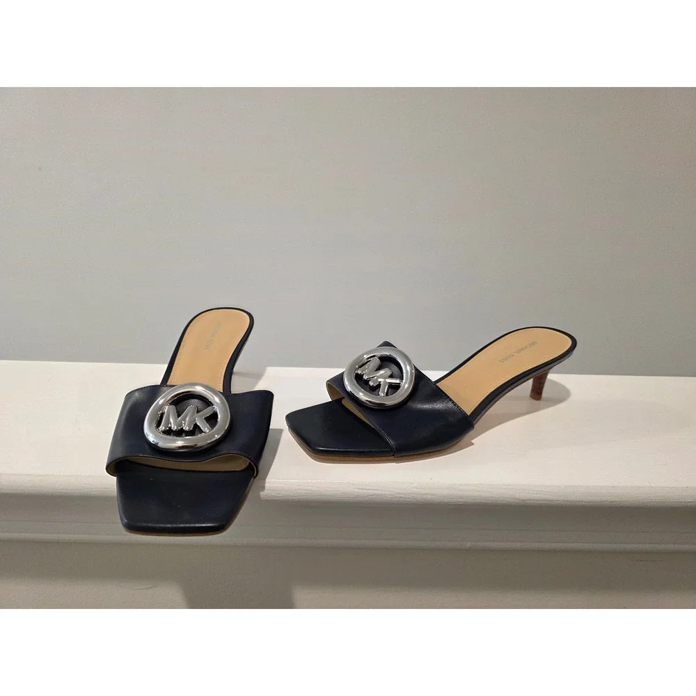Women's sz 6 B Michael Kors Milan Mule‎ Sandal Blue Leather MK Logo Kitten Heel